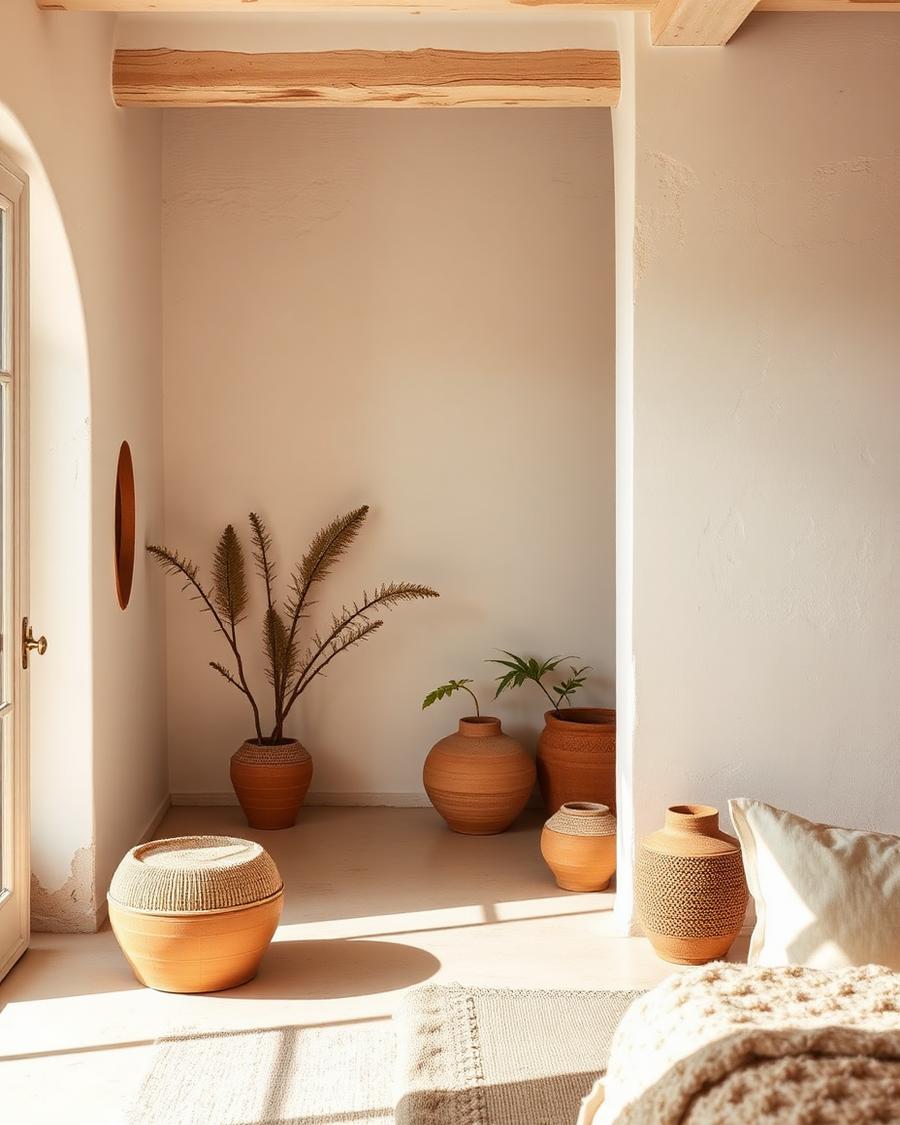 Linen-dressed suite interior with terracotta pots
